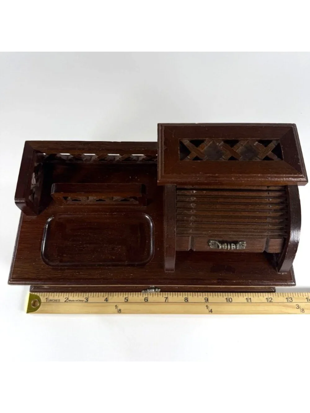 Vintage Men's Dresser Top Wooden Valet Jewelry Box Roll-Top Change Tray